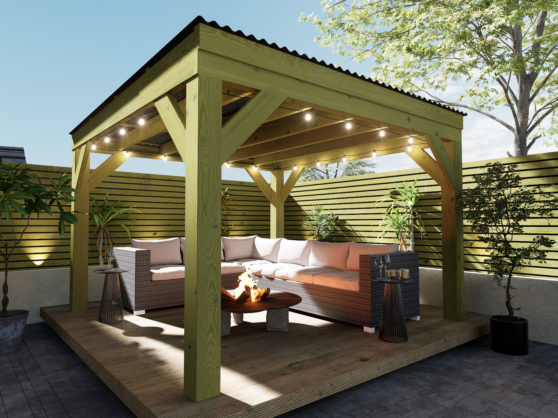 3mx3mWychwoodBlackGardenCornerSceneDAYTIMESUNNY.png Chunky Wooden Box Pergola with Black Roof | Wychwood Black - Image 1
