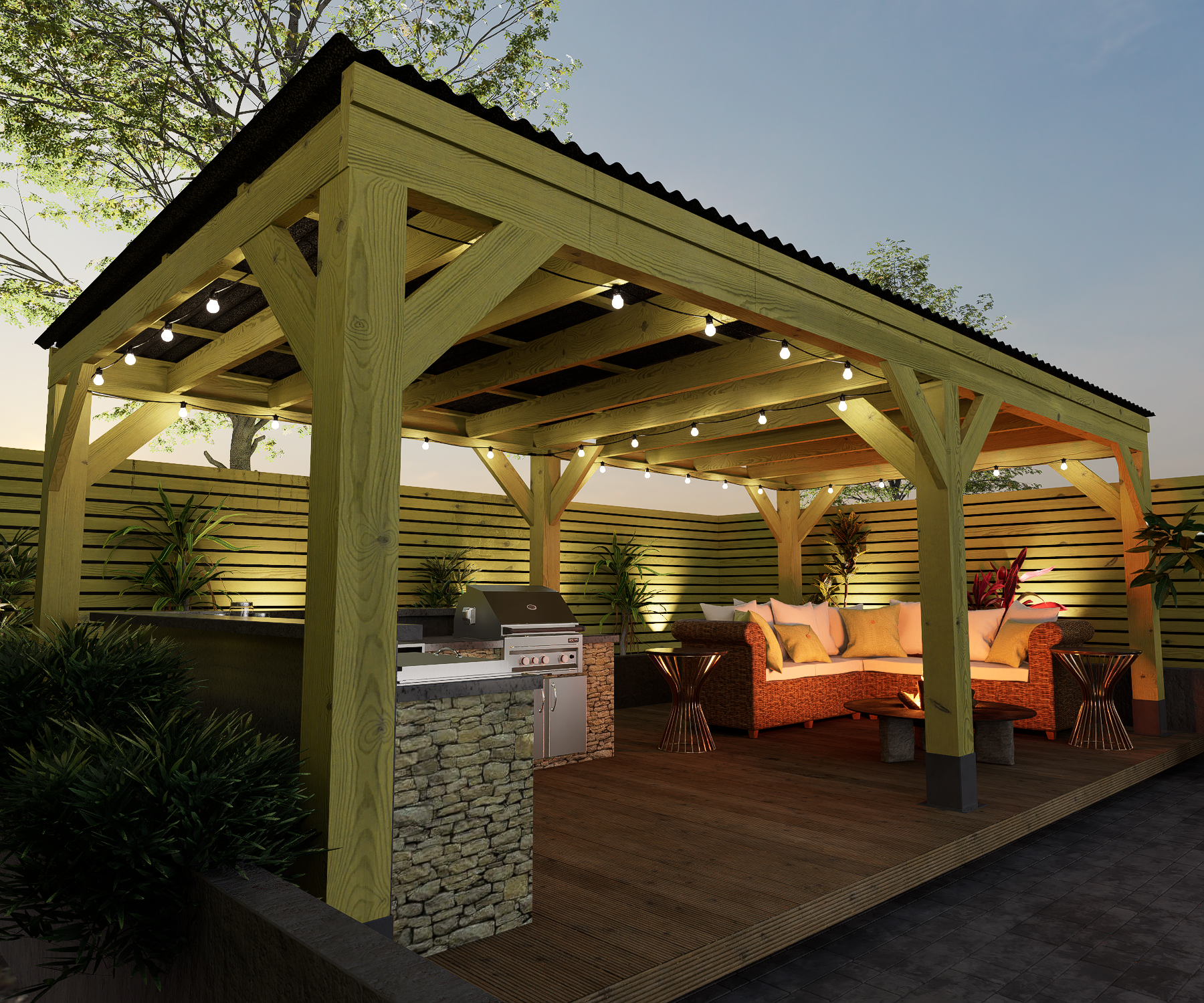 6m_x_3m_Wychwood_Night_Scene_with_Outdoor_Kitchen.png Chunky Wooden Box Pergola with Black Roof | Wychwood Black - Image 2