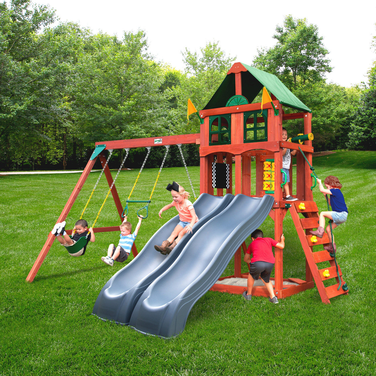 ss-SweetwaterDeluxe-PlayMakerDeluxe-Grey-Lifestyle-NoKids-Sq__28387.1707320460.1280.1280.jpg PlayMaker Deluxe Swing Set w/ Grey Slides - Image 1